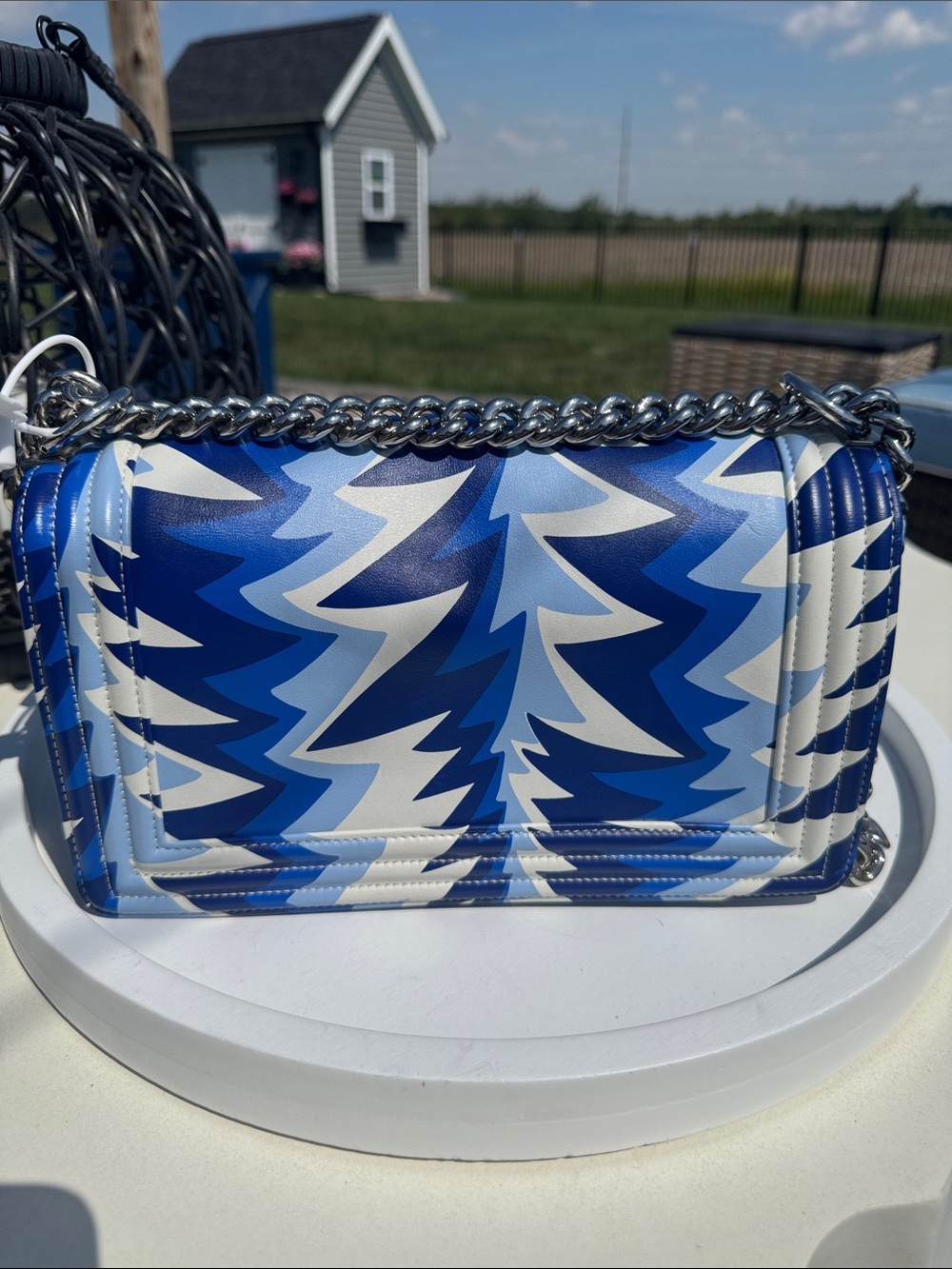 CHANEL Blue & White Chevron Boy Bag with Chain Strap - Picture 5 of 12